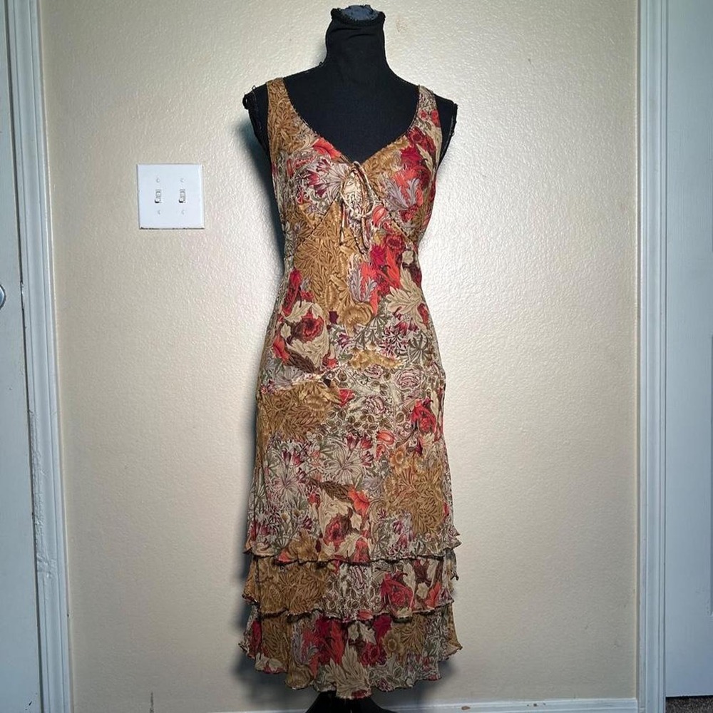 Signature by Robbie Bee Vintage 100% Silk Floral Ruffle Tiered Midi Dress 14